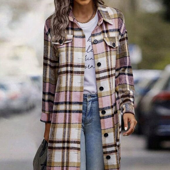 Pink Elegant Women's Plaid Long Sleeve Button Up Flannel Shirt Shacket - Picture 1 of 4